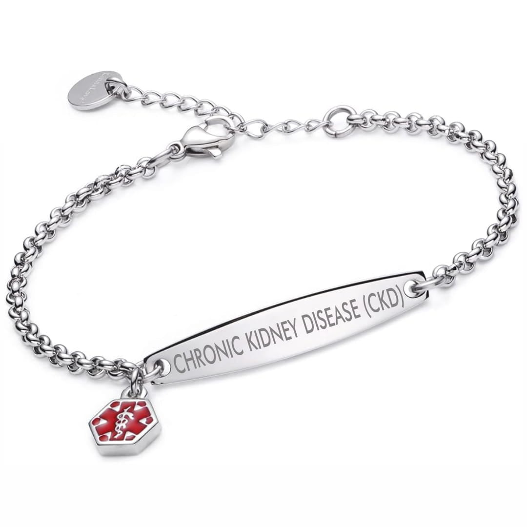 Silver bracelet with medical alert tag for chronic kidney disease on a white background