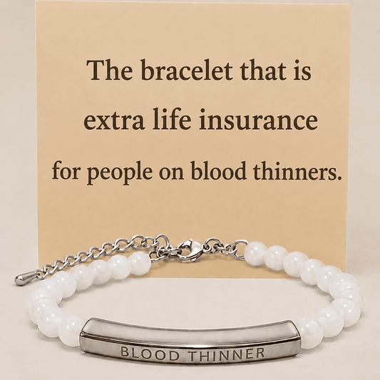 Women's Slim White Beaded Blood Thinner Medical Alert Bracelet