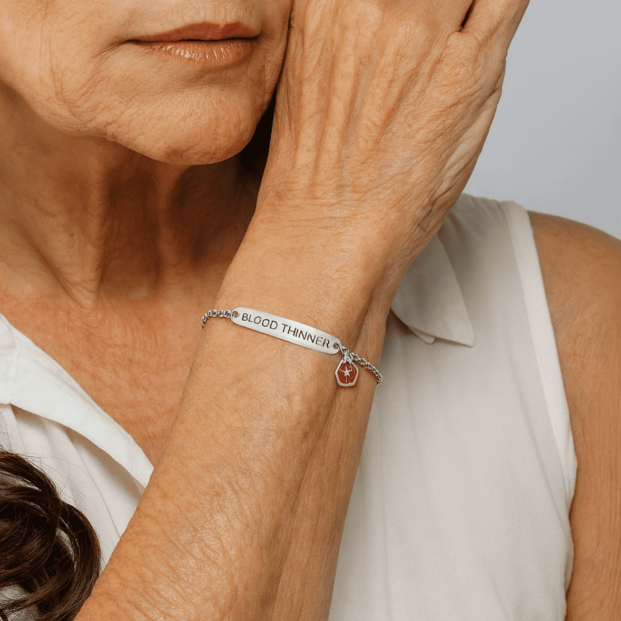 Wear In Case blood thinner bracelet worn on the wrist