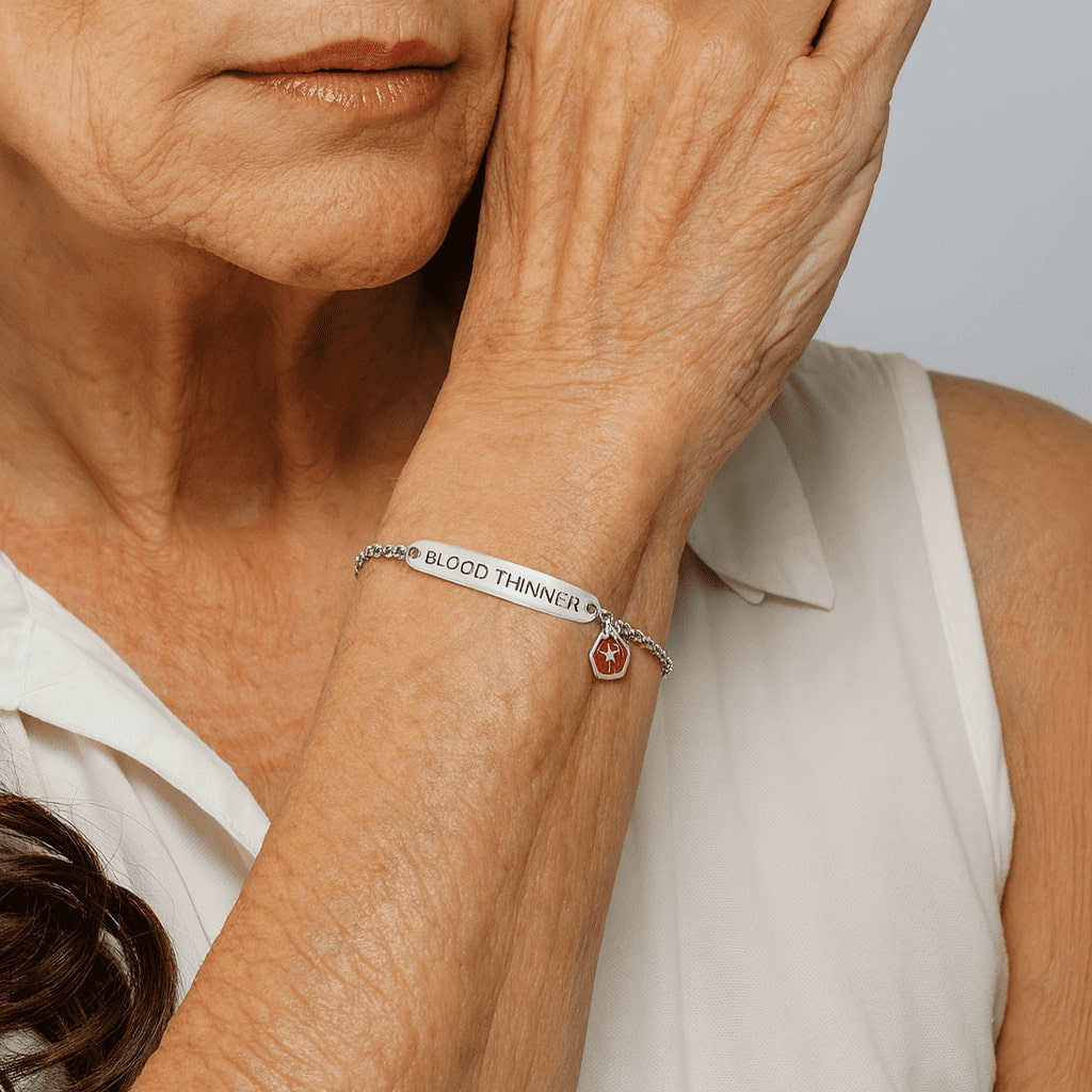 Wear In Case blood thinner bracelet worn on the wrist