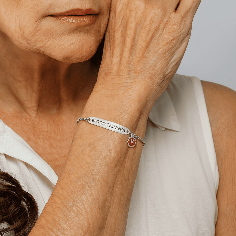 Wear In Case blood thinner bracelet worn on the wrist